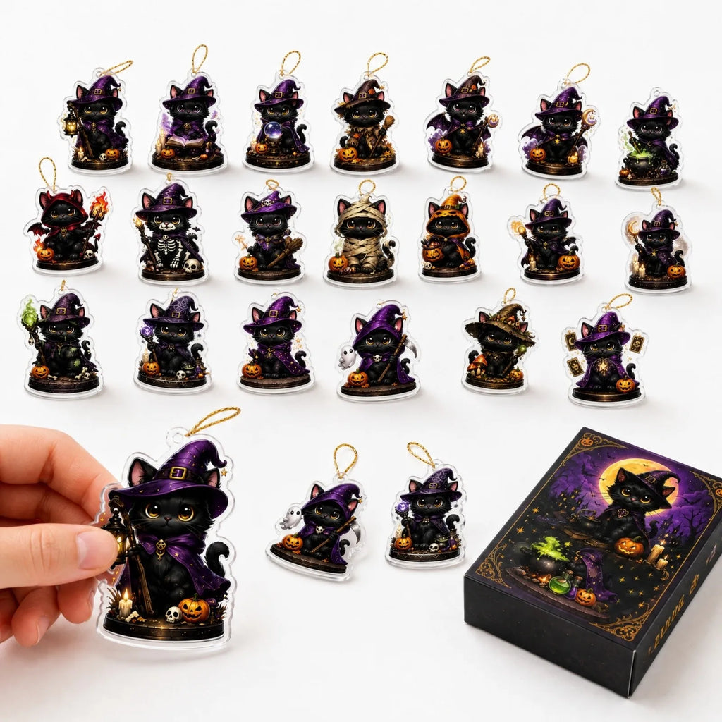 2026 Halloween Advent Calendar 2D Black Cat Wizard 24 Acrylic Keychains 24-Day Countdown Gift Calendar Halloween Decoration